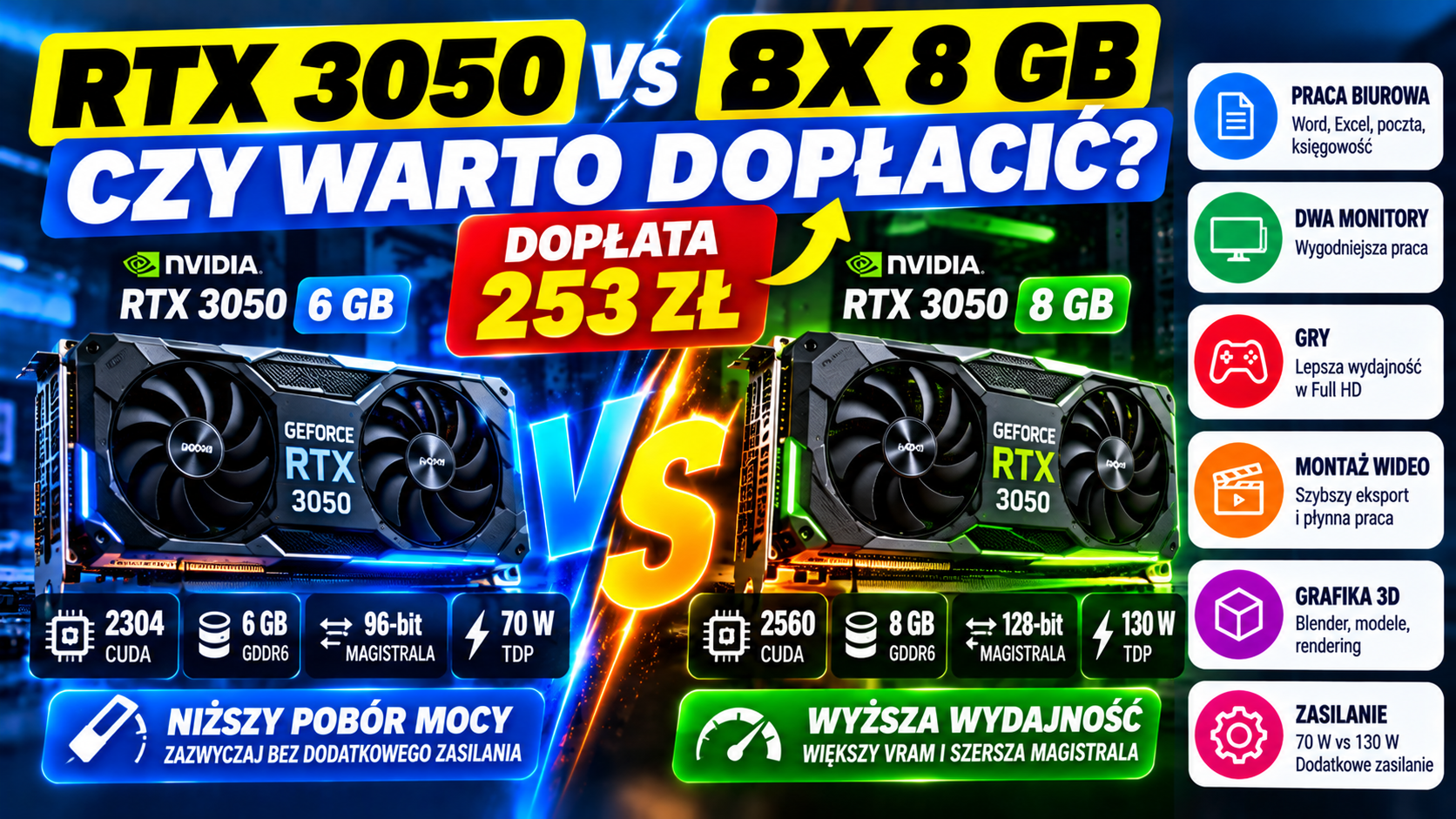 RTX 3050 6 GB czy 8 GB – różnice w wydajności. Czy warto dopłacić?
