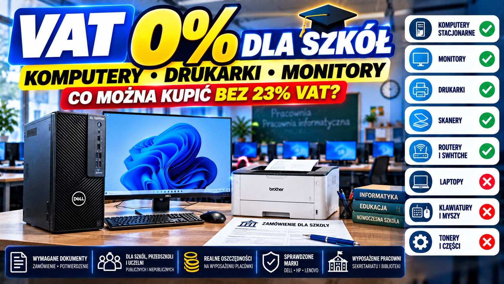 VAT 0% dla szkół w 2026 roku – komputery, drukarki, monitory. Warunki i ograniczenia