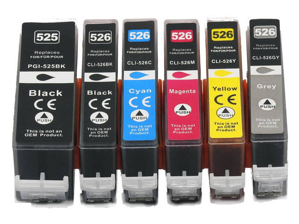 Zestaw tuszy CLI-526 CMYKGY + PGI-525BK do drukarek Canon PIXMA MG6120 / MG6250 / MG8250 – zamiennik DDPrint – komplet 6 kolorów