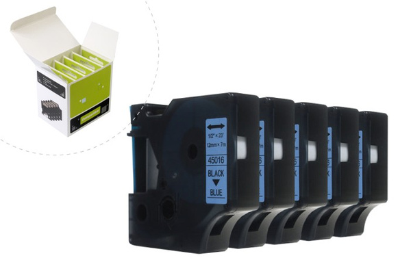 Taśma JetWorld Zamiennik Dymo D1 Czarny na Niebieskim 12mm x 7m (5szt.) LM100, LM100+, LM200, LM300, LM400, LM420P, LM350, LM350D, LM360D, LM450D, LM260P, LM120P, LM500TS, LM160, LM210D, LM280, LM150, LM220 (45016) (S0720560)